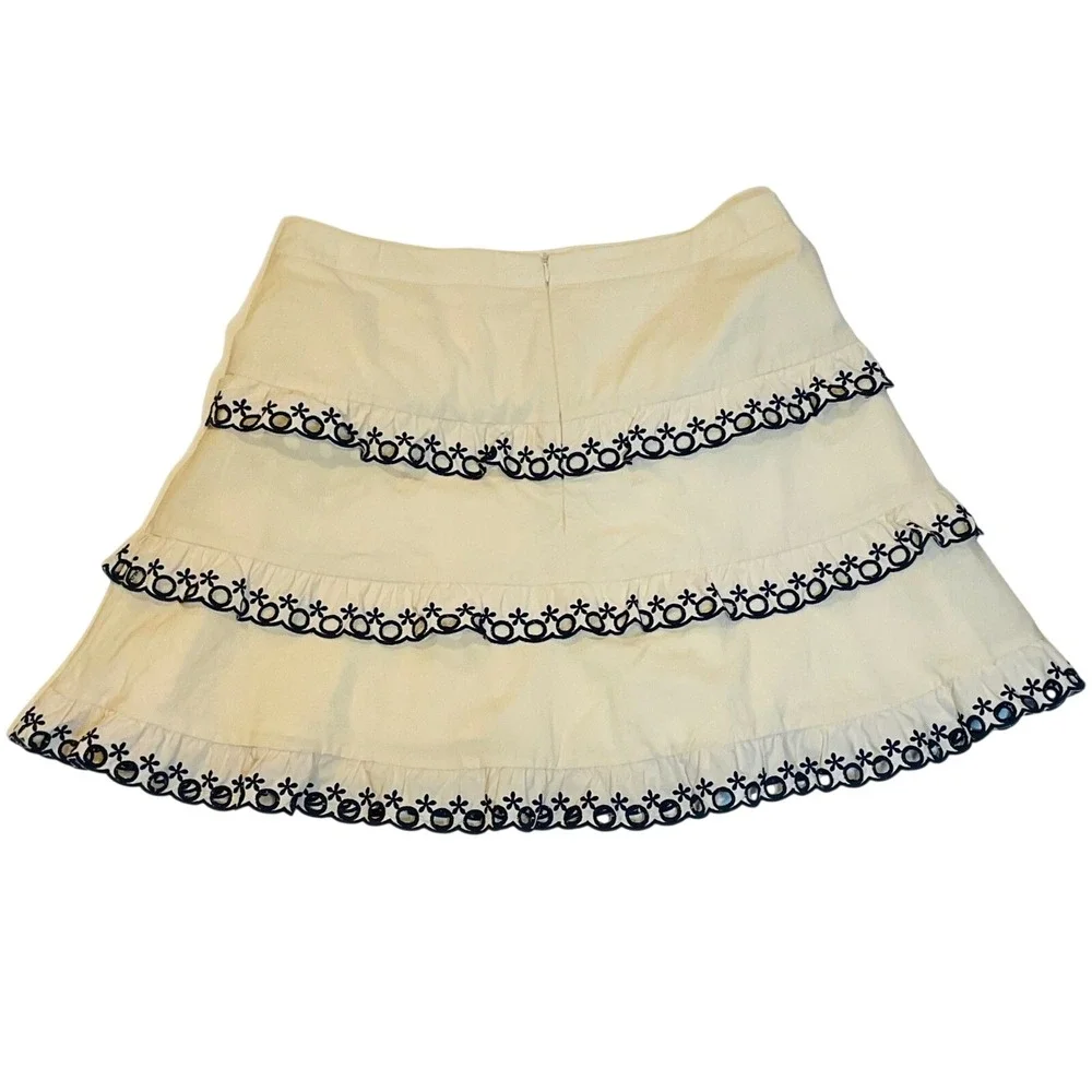 STELLAH women's skirt Cream Navy Blue Eyelet Tiered‎ Mini Ruffle Scalloped Large